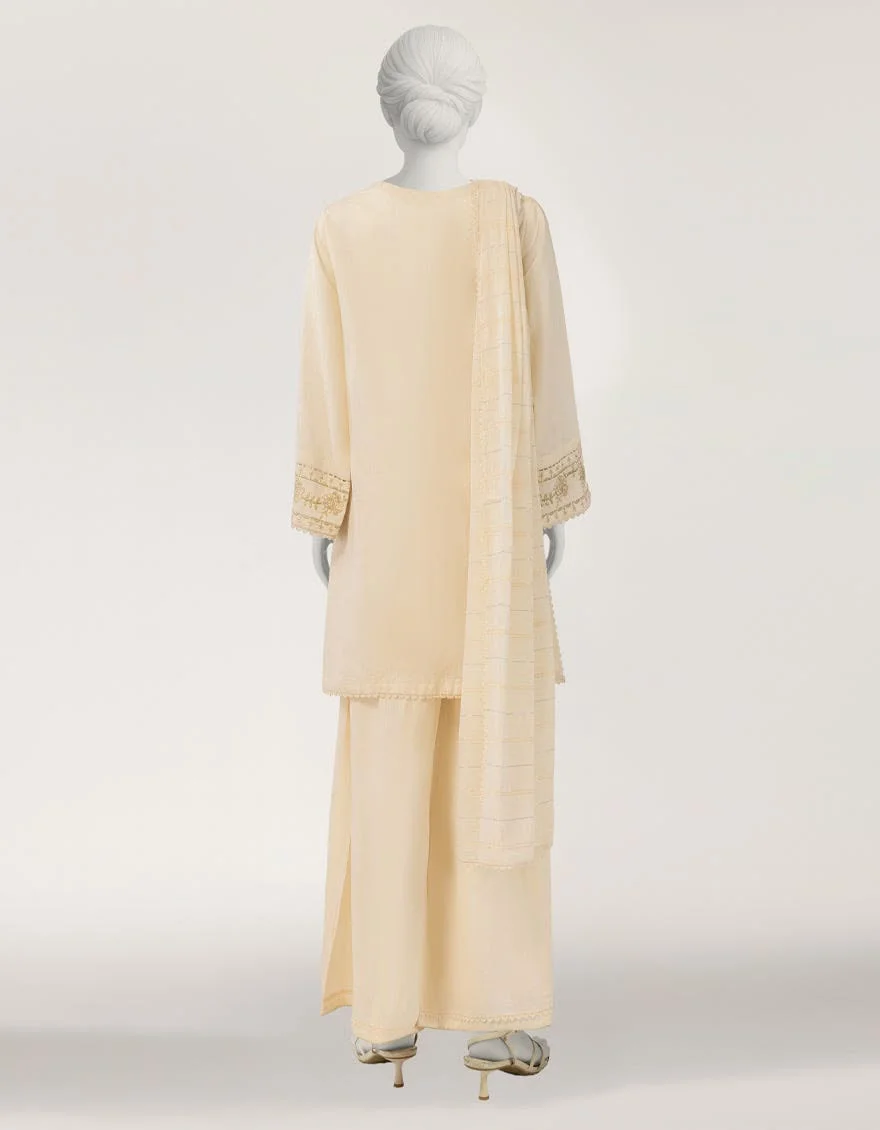 OFF WHITE DOBBY EMBROIDERED STITCHED 3PIECE - Image 3